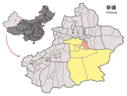Location of Hoxud County (red) within Bayingolin Prefecture (yellow) and Xinjiang