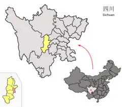 Location of Yucheng District (red) in Ya'an City (yellow) and Sichuan province