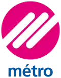 Pink circle with three diagonal white lozenges forming stylised letter 'm'
