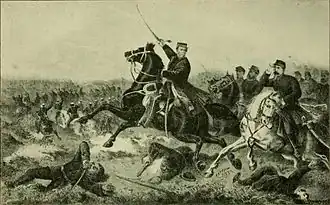 Painting showing the Marquis of Caxias on a horse with a raised saber, urging his men onwards