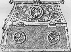 Drawing of a long side view of the Copenhagen shrine, with large interlace designs