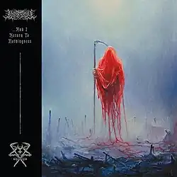 A drawing of a grim reaper in a bright red cloak levitating over a desolate field. The band's and album's names are in the top-left corner inside a vertical black bar running down the left side.