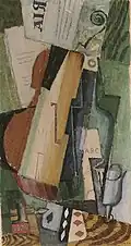 Violon, bouteilles de Marc et cartes (Violin, Marc bottles and cards). Signed and dated Marcoussis 1919. Gouache and watercolor over charcoal on paper, 45.8 x 24.5&nbsp;cm