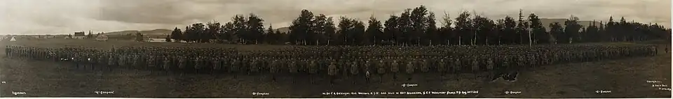 Lt.-Col. F.A. Gascoigne and officers, NCO's and men of 60th Battalion, CEF, Valcartier Camp, Aug. 26th, 1915. Signallers, companies 'A', 'B', 'C', 'D', 'E'. No. 11 (HS85-10-30759)