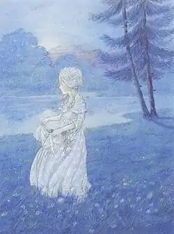 Watercolour painting in light blues of a girl in ghostly-white dress looking off into the distance