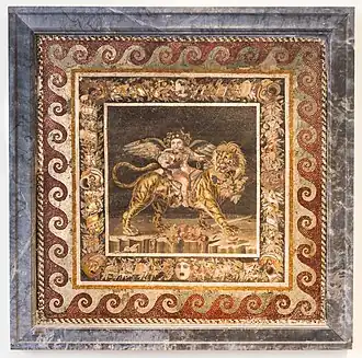 Roman volutes around a mosaic of young Dionysos drinking and riding a tiger, late 4th century BC, mosaic, National Archaeological Museum, Naples, Italy
