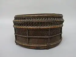 Chinese-style charcoal basket (sairō-sumitori) for Japanese tea ceremony. Timber bamboo, dwarf bamboo, and rattan. Edo period, 19th century
