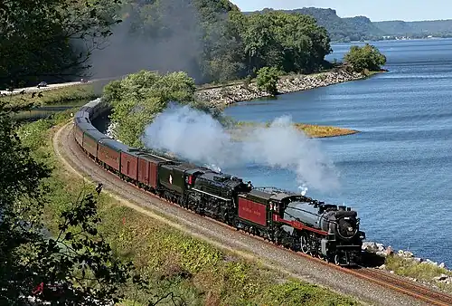 No.&nbsp;2816 double heading with Milwaukee Road 261 while traveling on the CP's River Subdivision at Maple Springs, Minnesota, on September 15, 2007