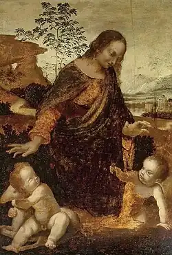 Workshop of Leonardo da Vinci, Madonna and Child with the Infant Saint John the Baptist, after 1485, oil on panel, Ashmolean Museum of Art and Archaeology, Oxford, England.