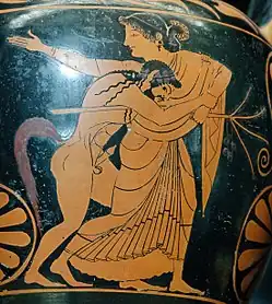Detail of a red-figure amphora depicting a satyr assaulting a maenad, by Pamphaios (potter) and Oltos (painter), c. 520 BC, Louvre