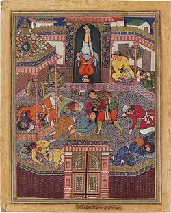 Mahiya frees Zambur, Beheads his sleeping guards, and suspends Gharrad in his stead Hamzanama Harvard Art Museum