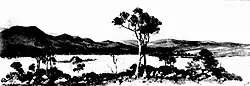 From Australian Town and Country Journal, 6 June 1906, an image taken from what is probably the work of Charles Coulter. The accompanying description reads, "The first illustration shows the proposed capital site at Mahkoolma, the view looking west from Mount Carroll, Barren Jack and Little Jack Mountains being shown on the left of the picture."[6]