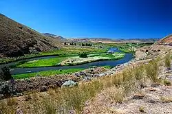 A river forms multiple channels as it flows through a desert valley