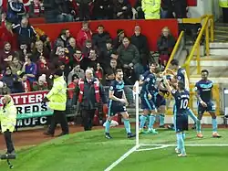 Middlesbrough celebrate taking the lead at Old Trafford in December 2016; Manchester United would win the match 2–1