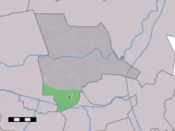 The village centre (dark green) and the statistical district (light green) of Lemele in the municipality of Ommen.
