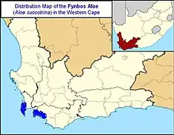Map of Western Cape, South Africa showing highlighted range covering two areas in the extreme southwest