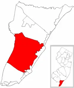 Location of Middle Township in Cape May County highlighted in red (left). Inset map: Location of Cape May County in New Jersey highlighted in orange (right).