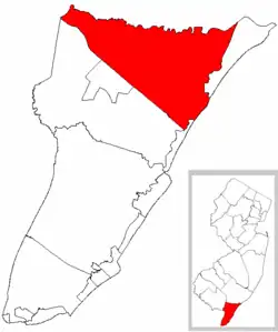 Location of Upper Township in Cape May County highlighted in red (left). Inset map: Location of Cape May County in New Jersey highlighted in red (right).