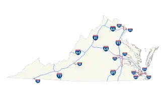 A map of the Interstate Highways in Virginia