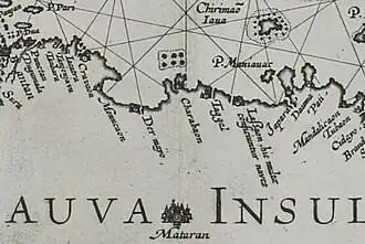 Map of Java from 1598 by Joannes van Doetecum the Elder, showing the city of Cirebon (Charabaon) with a flag on top of it.