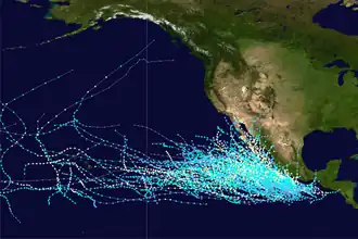Map plotting the track of all known Category&nbsp;1 Pacific hurricanes from 1949 to 2018 in the central and eastern Pacific basins according to the Saffir-Simpson scale