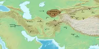 Approximate extent of Sogdia, between the Oxus and the Jaxartes.