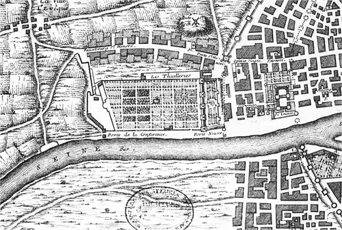 Plan of the Tuileries garden in about 1589. The Louvre is to the right