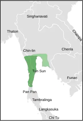 Territory of Tun Sun (1st-6th centuries CE) and the neighbors. Dark Green: Territory before gaining independence from Funan, proposed by Lawrence Palmer Briggs in 1950;[2]: 260  Light Green: As Kamalanka, territory expanded after gaining independence, proposed by George Cœdès in 1924[2]: 269 