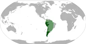Location of the Viceroyalty of Peru: initial de jure territory 1542–1718 (light green) and final territory 1776–1798[d] (dark green)