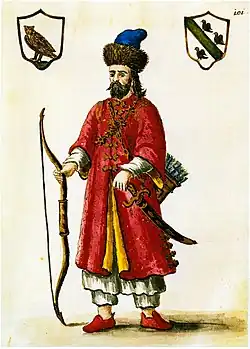 Marco Polo with a fur cap and red robes, holding a bow and a sword in its sheath
