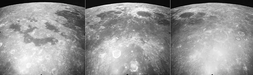 These are three views of Mare Marginis, taken by the mapping camera of the Apollo 17 mission in 1972, facing north-northeast from an average altitude of 124&nbsp;km. At the right is the east side of Mare Marginis, with the craters Jansky, Jansky F, and the elongated Jansky D in the foreground, and the eastern mare is in the upper left. The center photo shows the central mare with the prominent crater Goddard surrounded by light materials, the crater Ibn Yunus immediately to its east, Goddard C to the west, half of the large crater Neper in the foreground, and the crater Hubble far to the north near the horizon. The swirls of light material in the mare, thought to be caused by magnetic fields, are visible in this photo. The left photo shows the western mare (more easily visible from Earth), with disconnected "lakes" of basalt, and the crater Cannon. These photos were taken within minutes of each other as the Command Module America orbited the Moon.