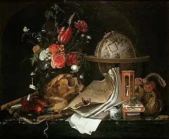 Vanitas Still Life; by Maria van Oosterwijck; 1668; oil on canvas; 73 x 88.5 cm; Kunsthistorisches Museum[170]