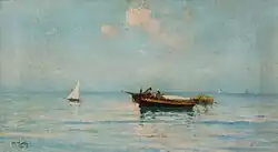 Marina con barca e pescatori. Undated. Oil on canvas, 29 x 53&nbsp;cm, private collection.