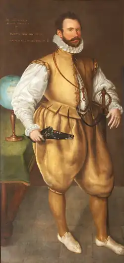 Martin Frobisher wears his jerkin closed at the neck and open below, 1570s.