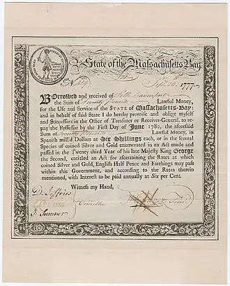 Image 4Certificate of government of Massachusetts Bay acknowledging loan of £20 to state treasury by Seth Davenport. September 1777 (from History of Massachusetts)