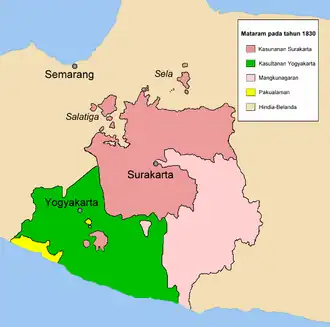 The realm of Surakarta Sunanate (red) in 1830.