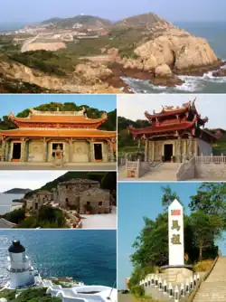 Top: Magan Tianhou Temple in Nangan, Bottom right: Matsu display monument in Nangan, Bottom upper left: Lin Moniang Tomb in Mazu Temple, Bottom lower left: Dongyong Lighthouse