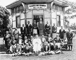 Mau movement leaders and Tupua Tamasese Lealofi III in front of the octagonal Mau office, 1929.