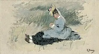 An elegant young lady wearing a fancy bonnet is sitting in the dunes dressed in her Sunday best, a black dress with a pale blue smock.