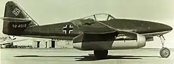 Right side view of aMesserschmitt 262 jet fighter captured by the United States Army Air Forces on the ground.