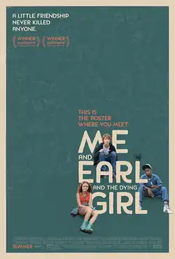 Two boys and a girl sit next to the film's logo on top of a cyan background.