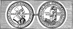 Medallion of Jan Hus, showing his portrait and execution