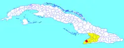 Media Luna municipality (red) within Granma Province (yellow) and Cuba