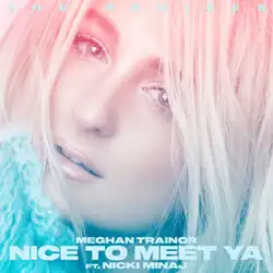 Portrait of Meghan Trainor with her face tilted towards her right; her left eye is half-covered by her hair as she looks into the camera. The blue text "The Remixes" appears above her and "Meghan Trainor Nice to Meet Ya ft. Nicki Minaj" below her.