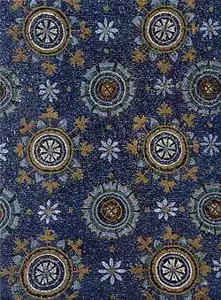 Blue Byzantine mosaic ceiling representing the night sky in the Mausoleum of Galla Placidia in Ravenna, Italy (5th century).