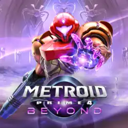The game's logo atop an object similar to a black hole, with silver color at the border and purple at its center: silver, bold text reading "METROID"; smaller silver text below it reading "PRIME 4"; and a large purple text on the bottom reading "BEYOND".
