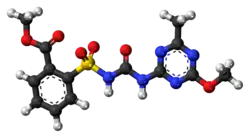 Ball-and-stick model of the metsulfuron-methyl molecule