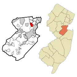 Map of Fords CDP in Middlesex County. Inset: Location of Middlesex County in New Jersey.