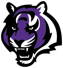 A purple tiger, mouth open and baring fangs, bordered in white and black