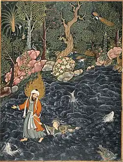Mir Sayyid Ali, the prophet Elias (Elijah) rescuing Prince Nur ad-Dahr from drowning in a river, from the Akbar Hamzanama